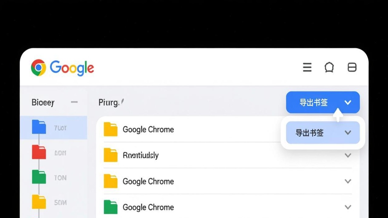 Chrome 书签管理器界面，标注右上角菜单按钮和导出书签选项