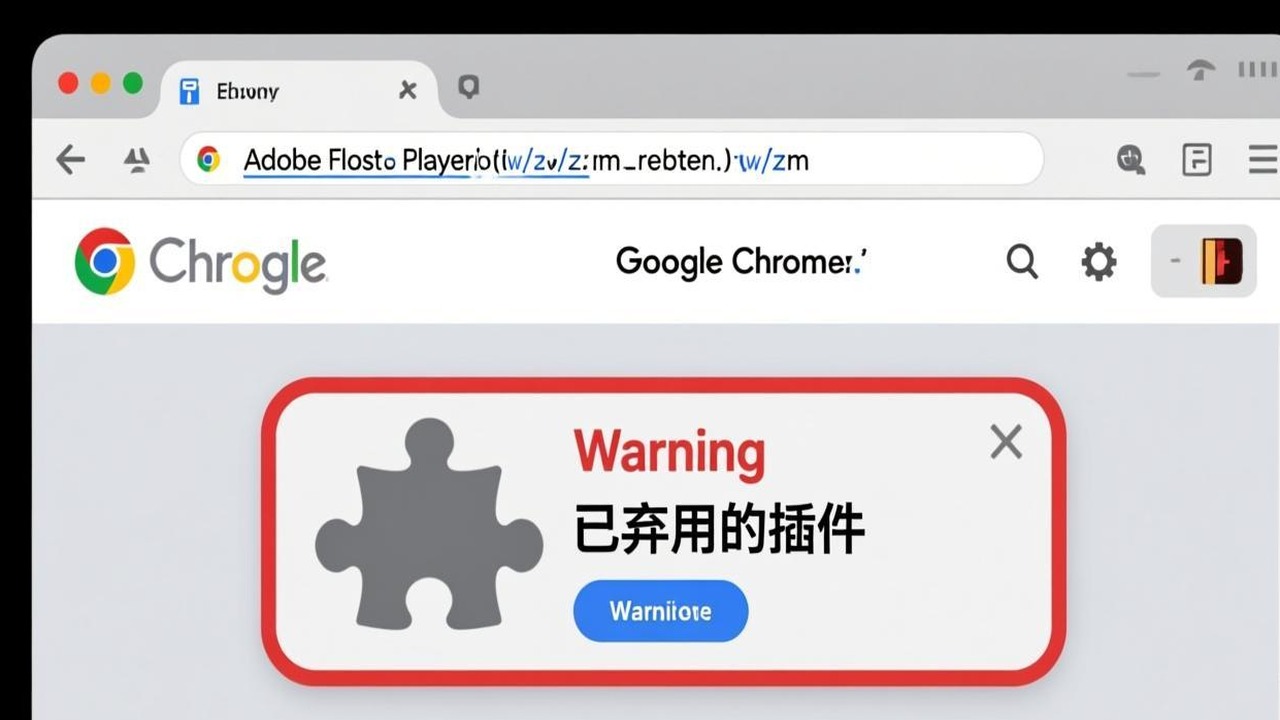 Chrome 访问含 Flash 网站时的页面截图，显示灰色方块和"已弃用"提示