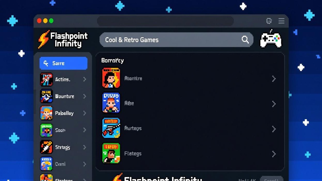 Flashpoint Infinity 的主界面截图，显示游戏分类列表和搜索框