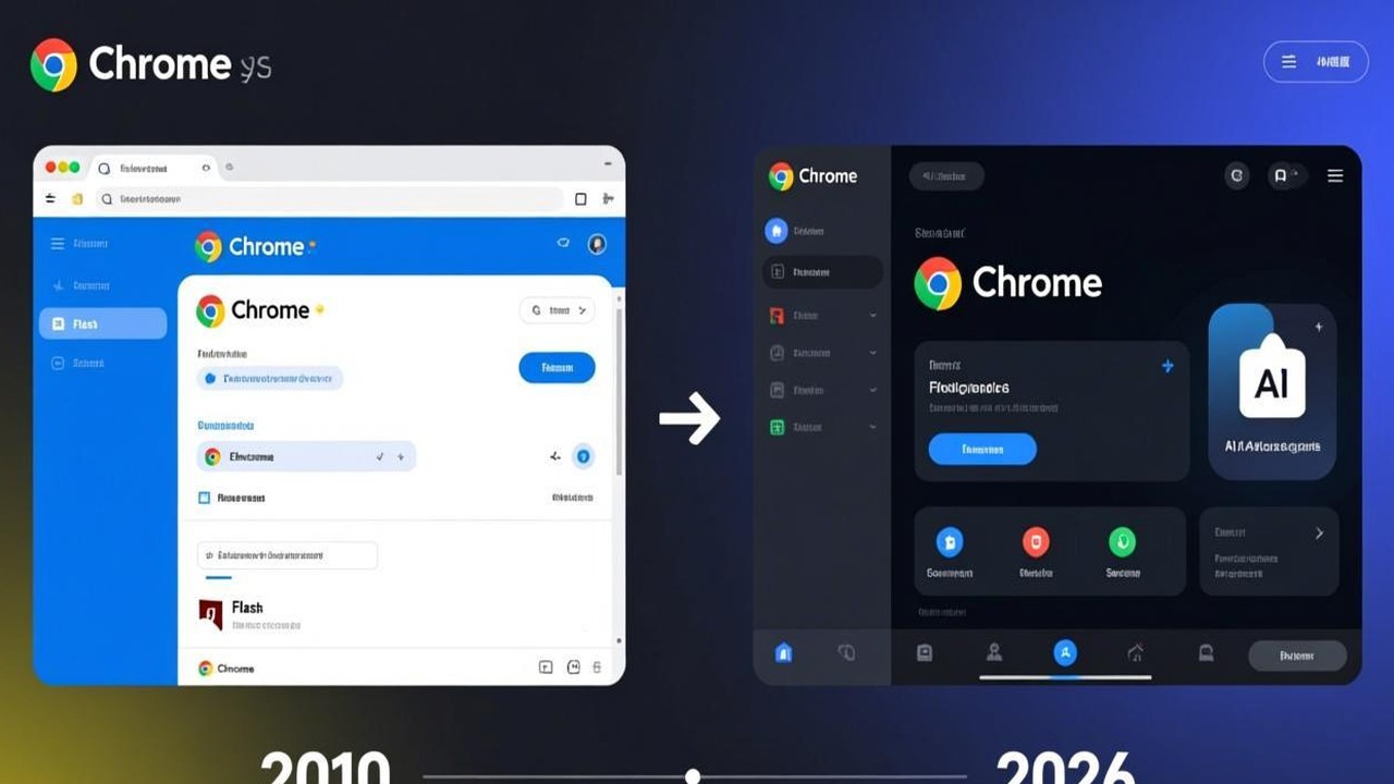 2010 年 Chrome Flash 设置界面与 2026 年 Chrome 设置界面对比截图
