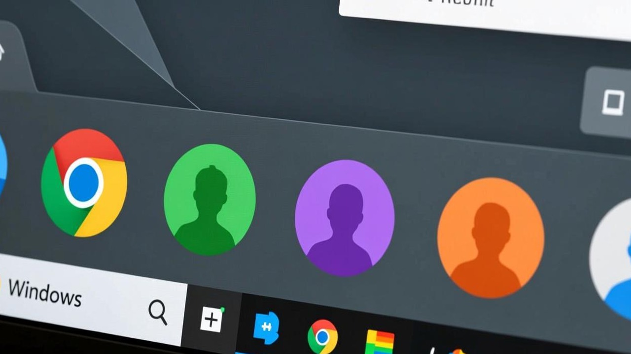 Windows 任务栏上多个 Chrome 图标并排显示,每个图标对应不同的 Profile,头像颜色不同