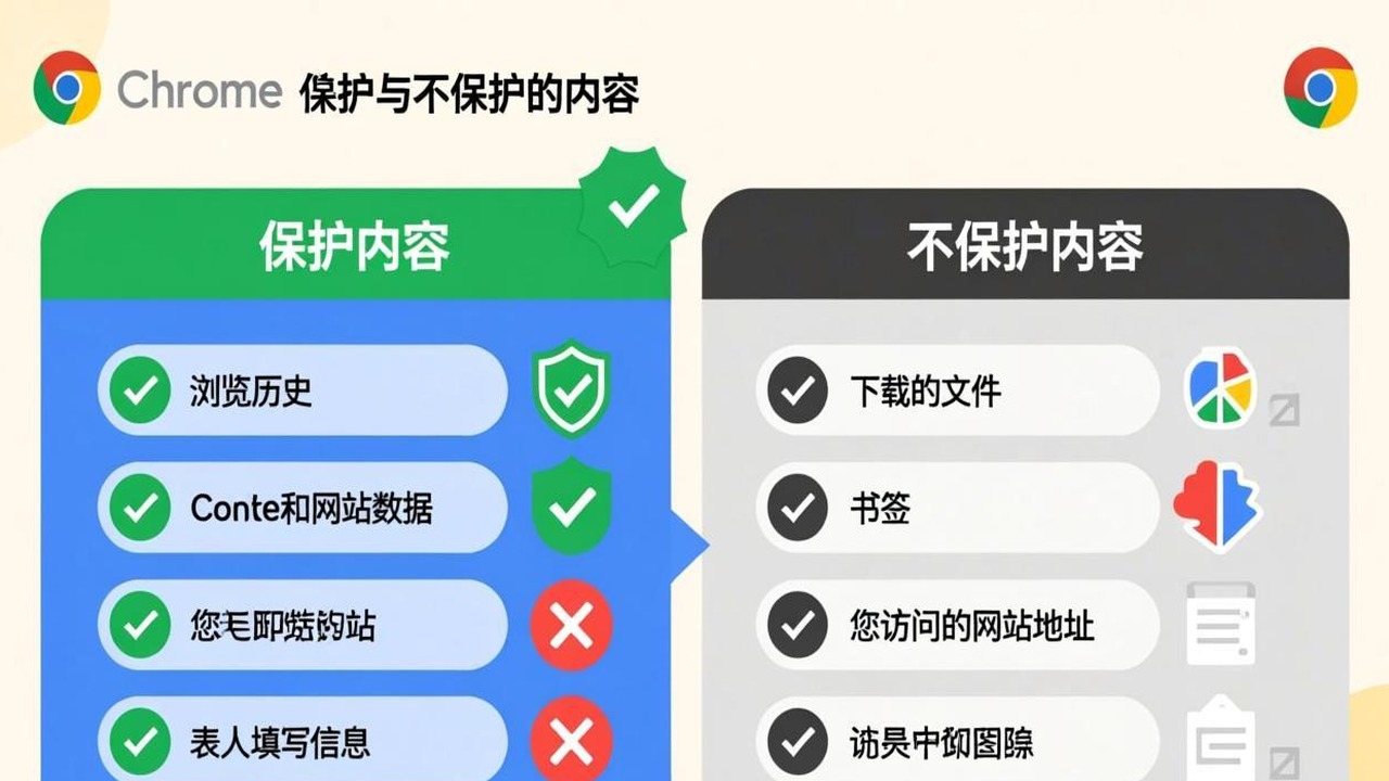一张信息图总结隐私模式的保护范围和不保护范围,用绿色和红色区分