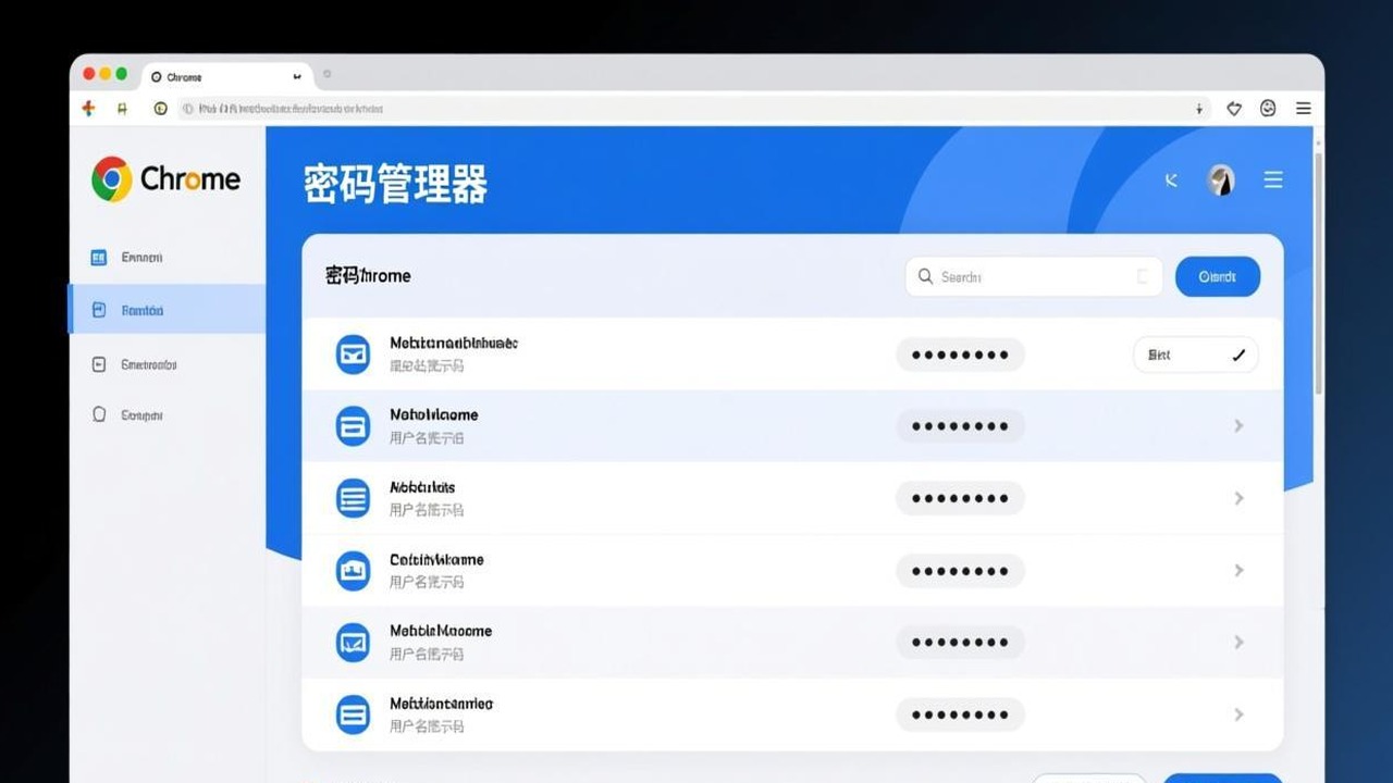 Chrome 密码管理器概览截图，显示已保存密码列表