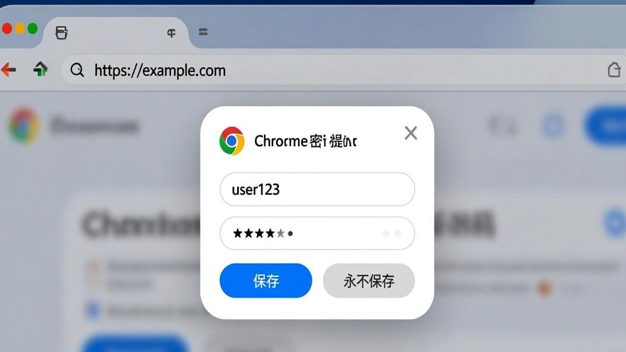 Chrome 弹出保存密码提示的气泡对话框截图，气泡中显示网站名称、用户名和密码字段，下方有保存和忽略按钮