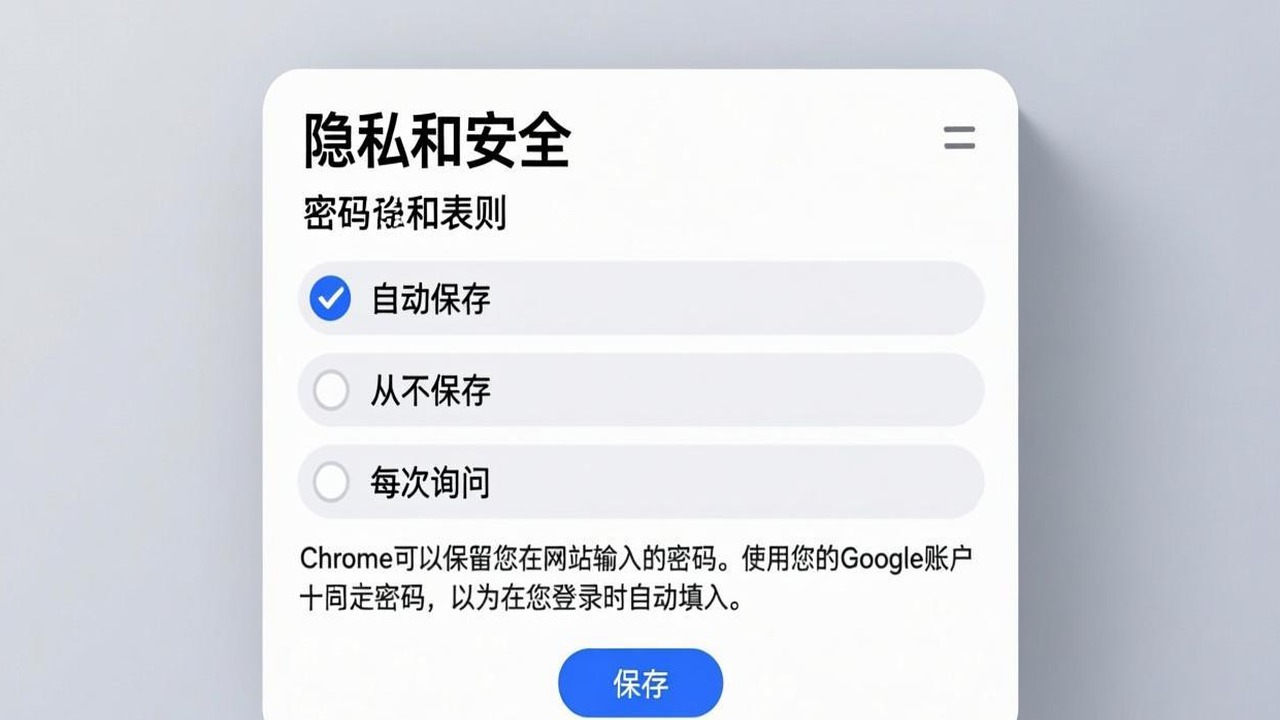 Chrome 设置中密码保存策略的三个选项截图，标注当前选中的自动保存选项