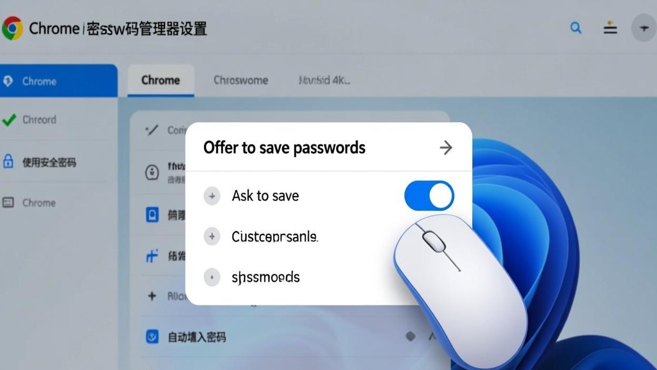 Chrome 密码管理器设置页面，显示提供保存密码的三选项开关，鼠标悬停在询问后保存选项上