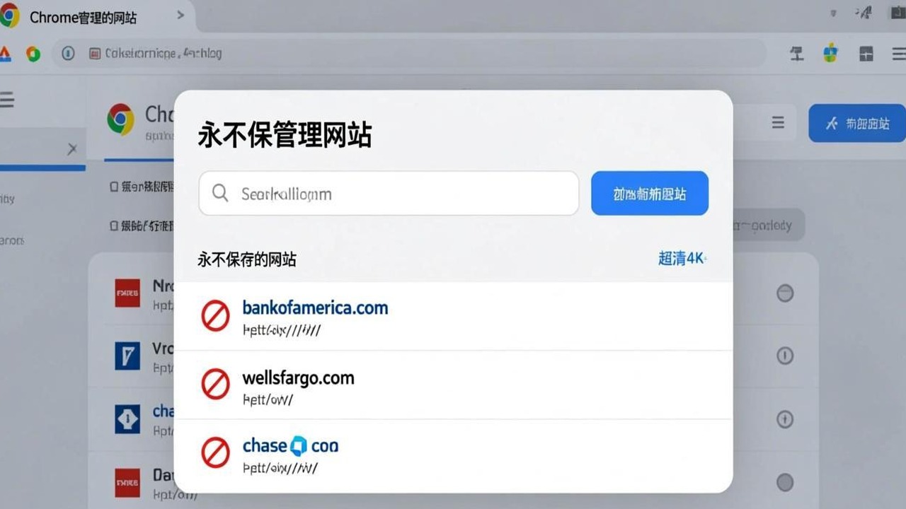 Chrome 密码管理器的 Never Saved 列表截图，显示已添加的几个银行域名
