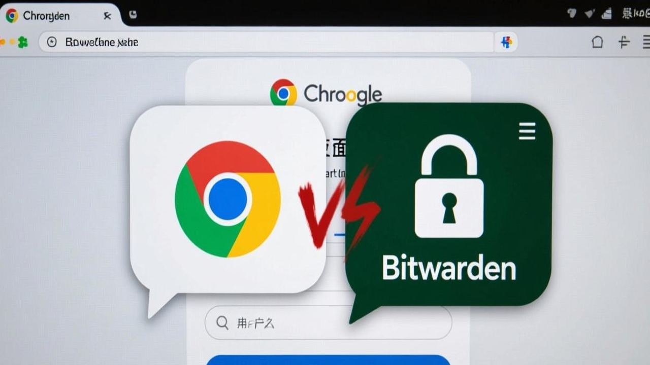 一个登录页面上同时出现 Chrome 密码保存气泡和 Bitwarden 扩展保存气泡的截图，展示两个气泡互相遮挡的情况